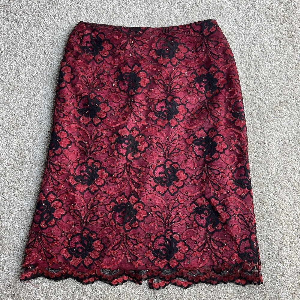 Jessica Howard Skirt Womens 6 Red Floral Lace Pencil Knee Length Party Cocktail